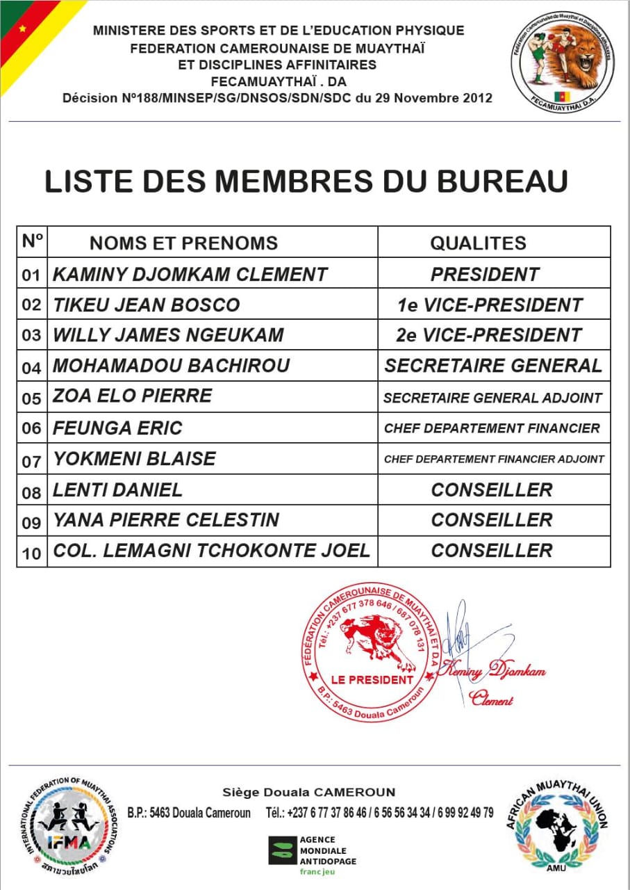 Liste officielle des membres du bureau de la Fédération Camerounaise de Muaythaï et Disciplines Affinitaires